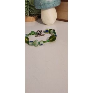 Bracelet handmade green tones glass beads ooak unique boho artsy craft